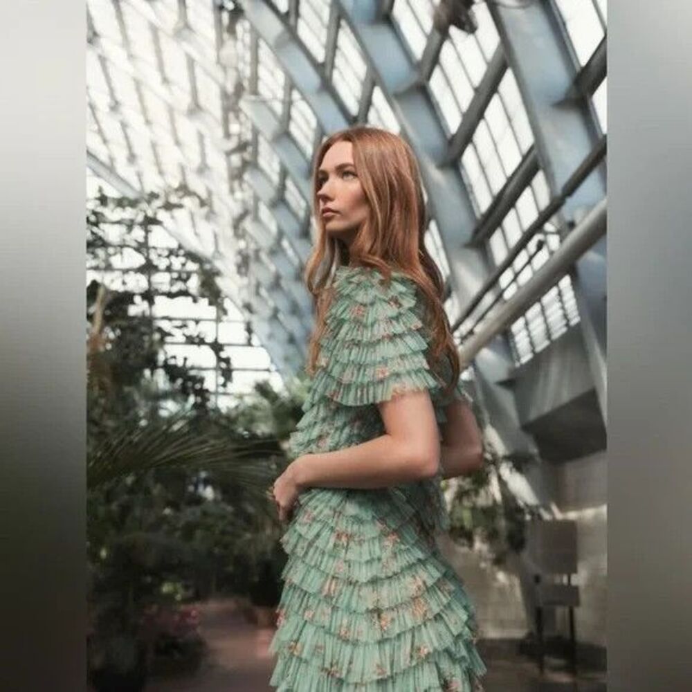 Mac Duggal 8014 Green Floral Mesh‎ Ruffle High Neck Midi Dress NWT $798 - Picture 4 of 9